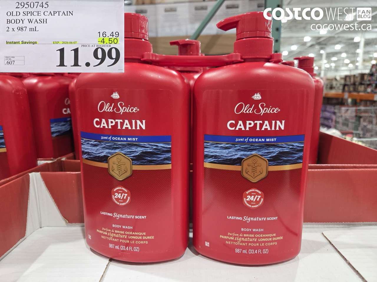 2950745 OLD SPICE CAPTAIN BODY WASH 2 X 987 ML ($4.50 INSTANT SAVINGS EXPIRES ON 2026-06-07) $11.99