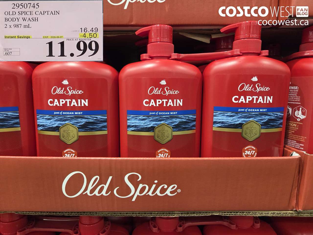 2950745 OLD SPICE CAPTAIN BODY WASH 2 X 987 ML ($4.50 INSTANT SAVINGS EXPIRES ON 2026-06-07) $11.99