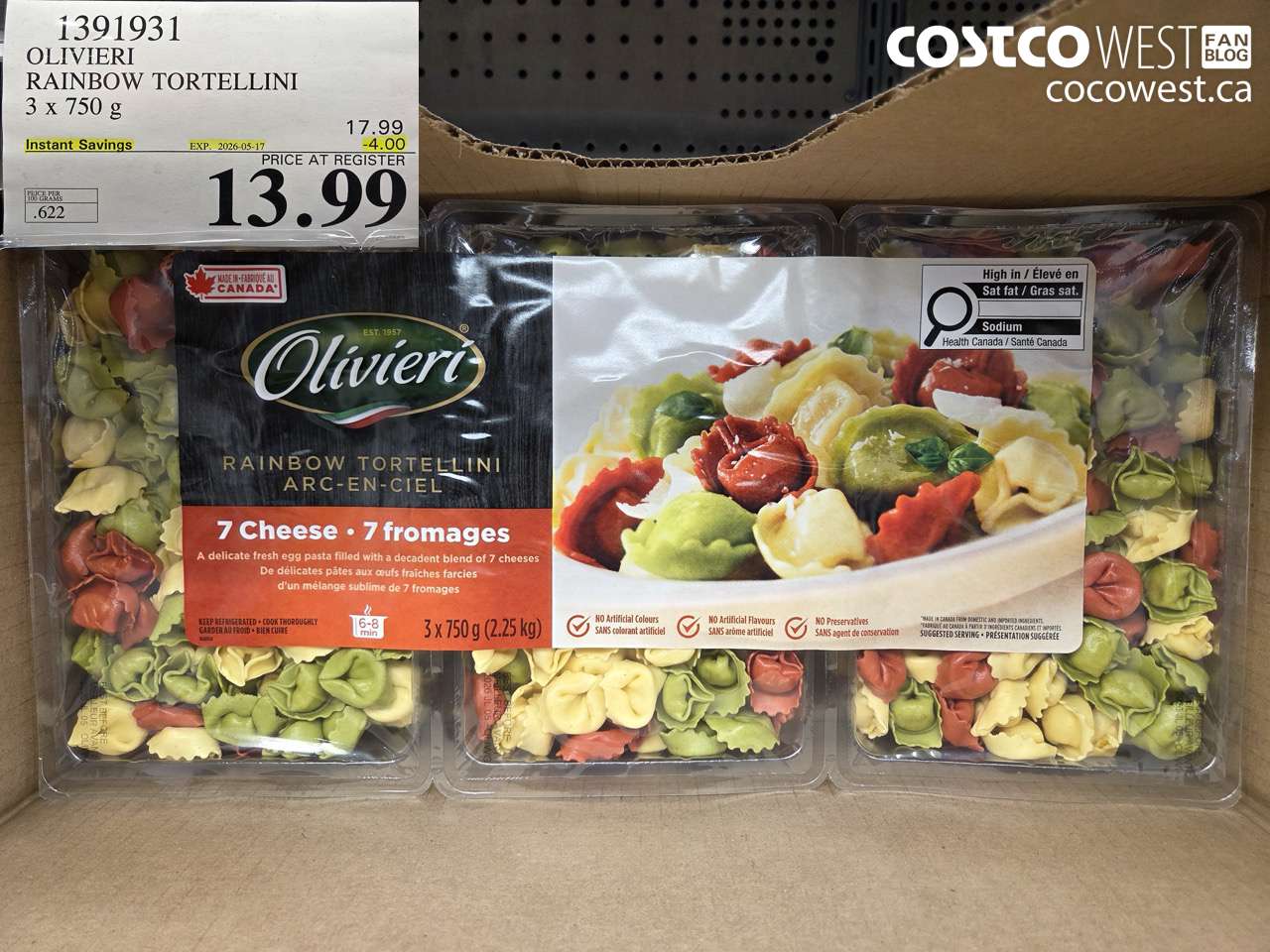 1391931 OLIVIERI RAINBOW TORTELLINI 3 X 750 G ($4.00 INSTANT SAVINGS EXPIRES ON 2026-05-17) $13.99