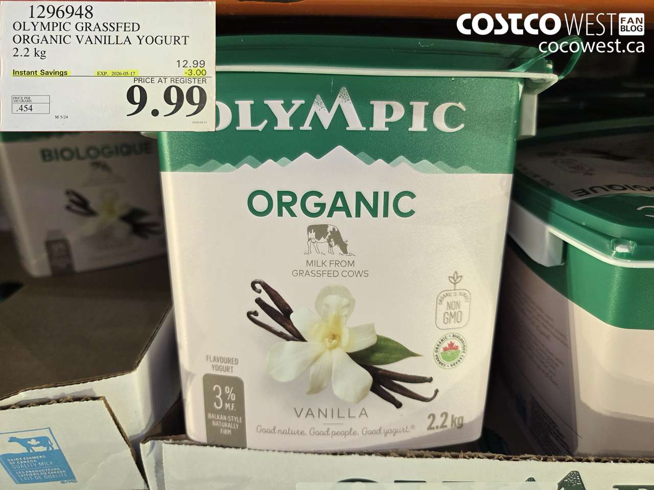 1296948 OLYMPIC GRASSFED ORGANIC VANILLA YOGURT 2.2 KG ($3.00 INSTANT SAVINGS EXPIRES ON 2026-05-17) $9.99