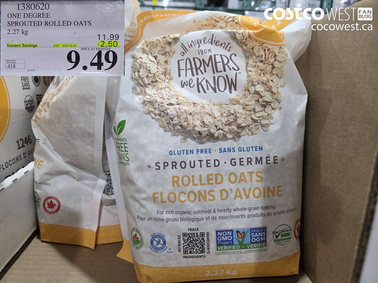 1380620 ONE DEGREE SPROUTED ROLLED OATS 2.27 KG ($2.50 INSTANT SAVINGS EXPIRES ON 2026-05-24) $9.49