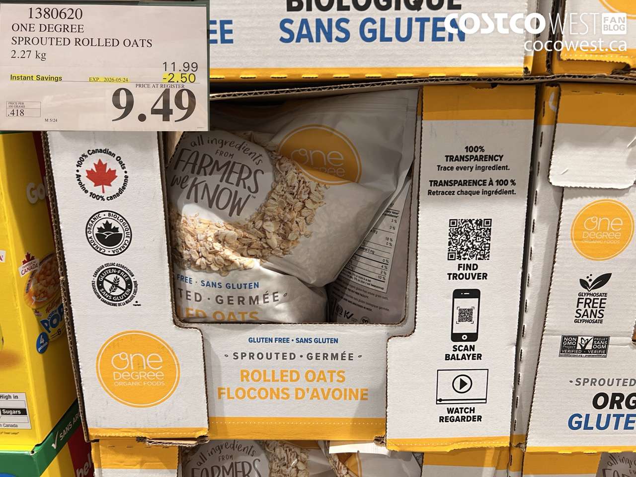 1380620 ONE DEGREE SPROUTED ROLLED OATS 2.27 KG ($2.50 INSTANT SAVINGS EXPIRES ON 2026-05-24) $9.49