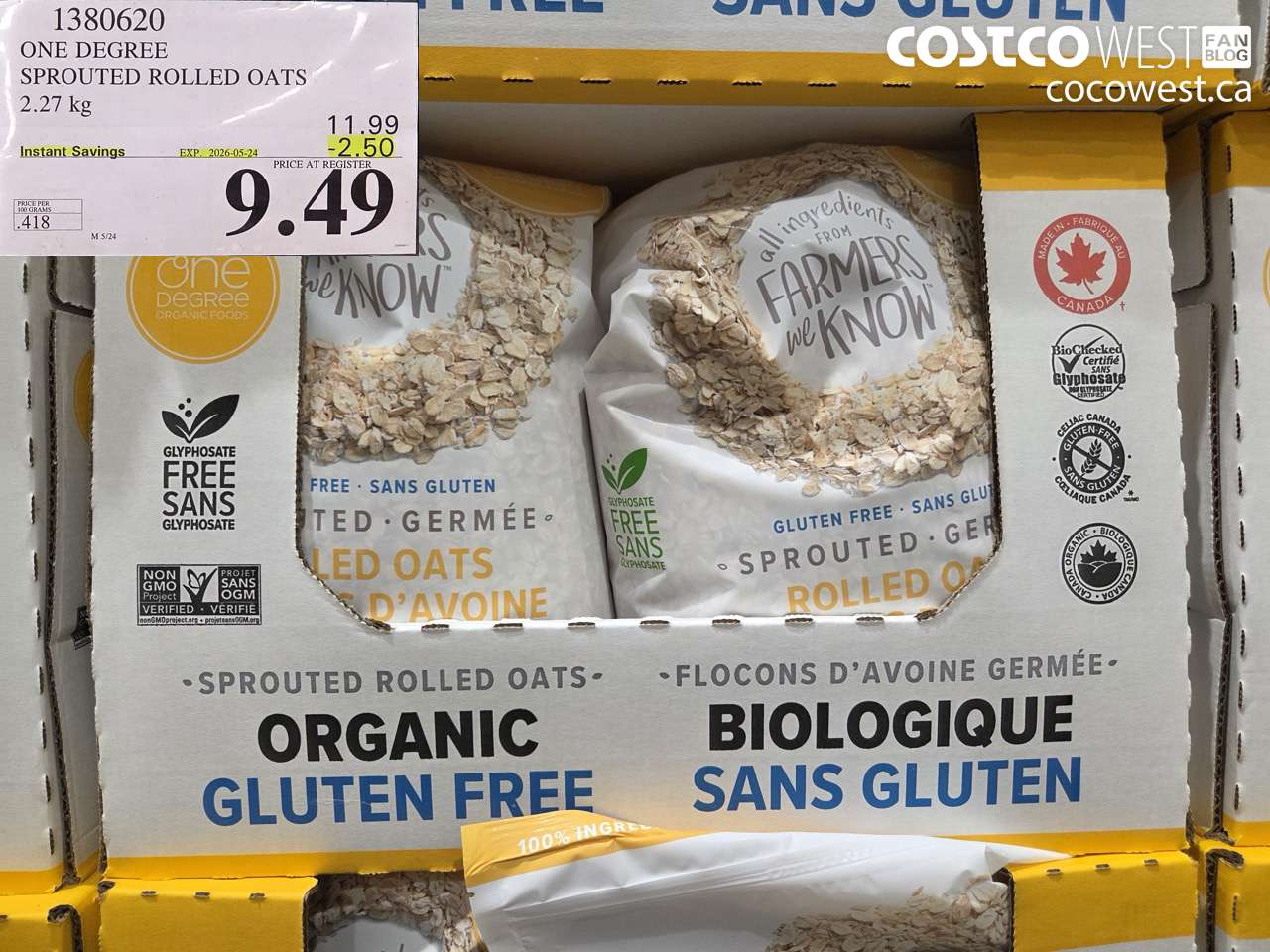 1380620 ONE DEGREE SPROUTED ROLLED OATS 2.27 KG ($2.50 INSTANT SAVINGS EXPIRES ON 2026-05-24) $9.49