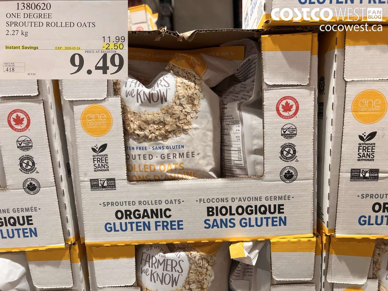 1380620 ONE DEGREE SPROUTED ROLLED OATS 2.27 KG ($2.50 INSTANT SAVINGS EXPIRES ON 2026-05-24) $9.49