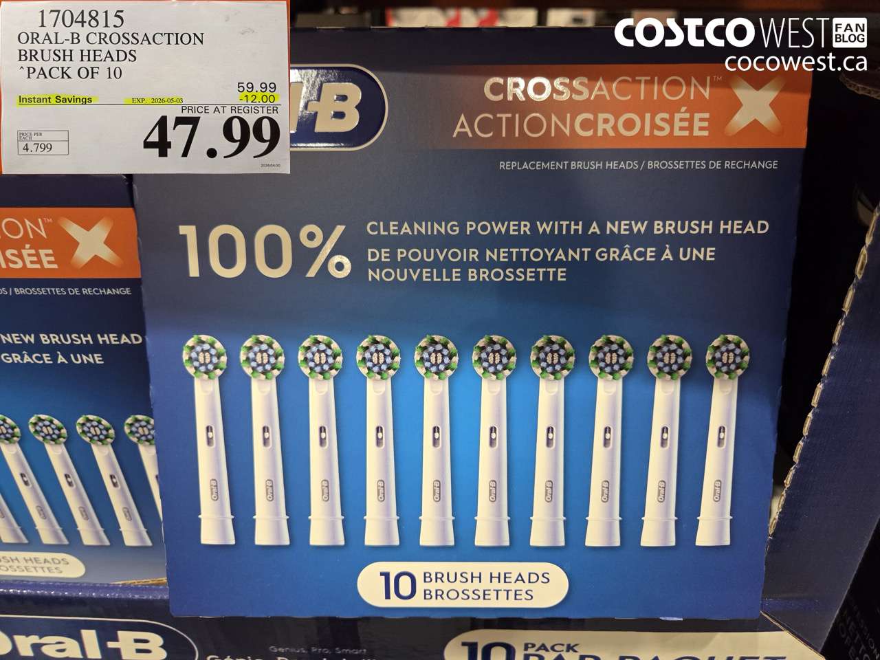 1704815 ORAL-B CROSSACTION BRUSH HEADS PACK OF 10 ($12.00 INSTANT SAVINGS EXPIRES ON 2026-05-03) $47.99