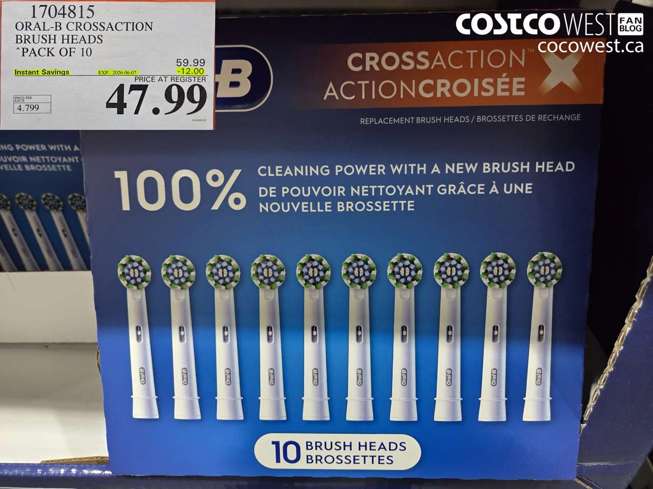 1704815 ORAL-B CROSSACTION BRUSH HEADS PACK OF 10 ($12.00 INSTANT SAVINGS EXPIRES ON 2026-06-07) $47.99