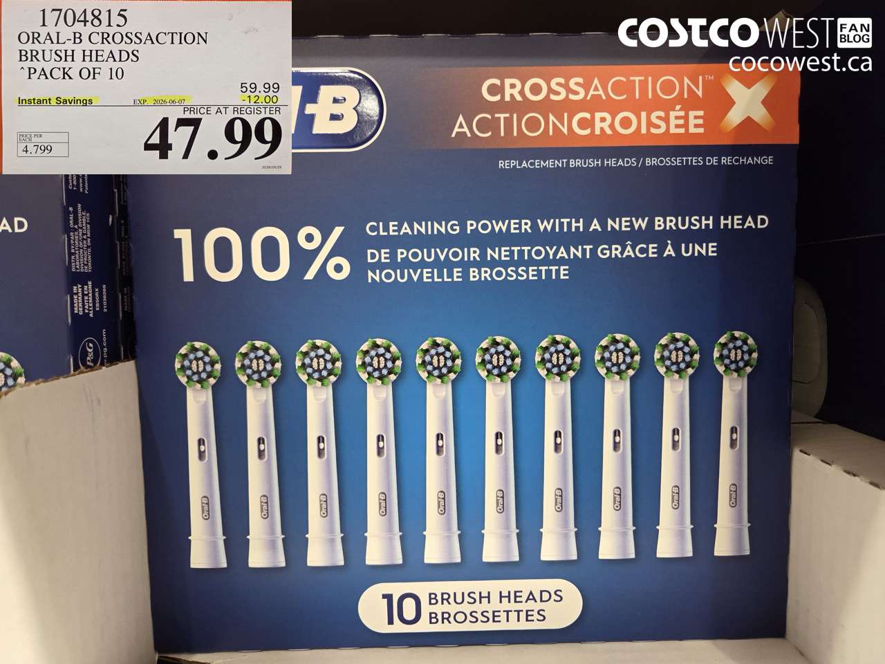1704815 ORAL-B CROSSACTION BRUSH HEADS PACK OF 10 ($12.00 INSTANT SAVINGS EXPIRES ON 2026-06-07) $47.99
