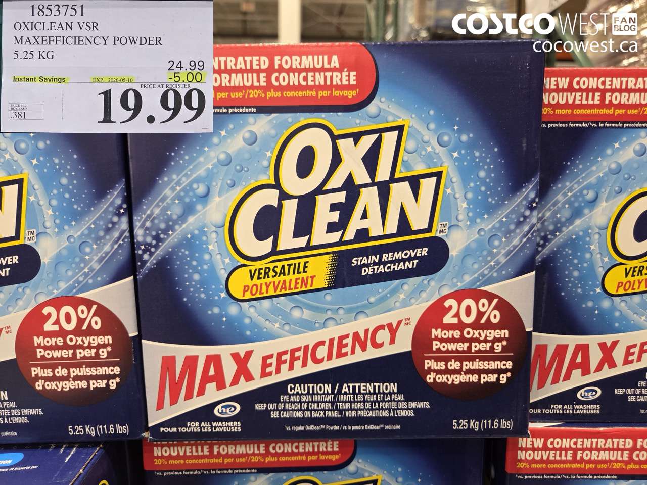 1853751 OXICLEAN VSR MAXEFFICIENCY POWDER 5.25 KG ($5.00 INSTANT SAVINGS EXPIRES ON 2026-05-10) $19.99