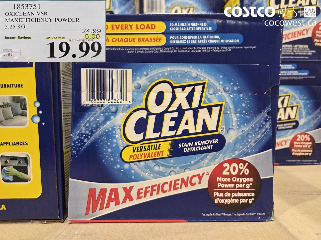 1853751 OXICLEAN VSR MAXEFFICIENCY POWDER 5.25 KG ($5.00 INSTANT SAVINGS EXPIRES ON 2026-05-10) $19.99