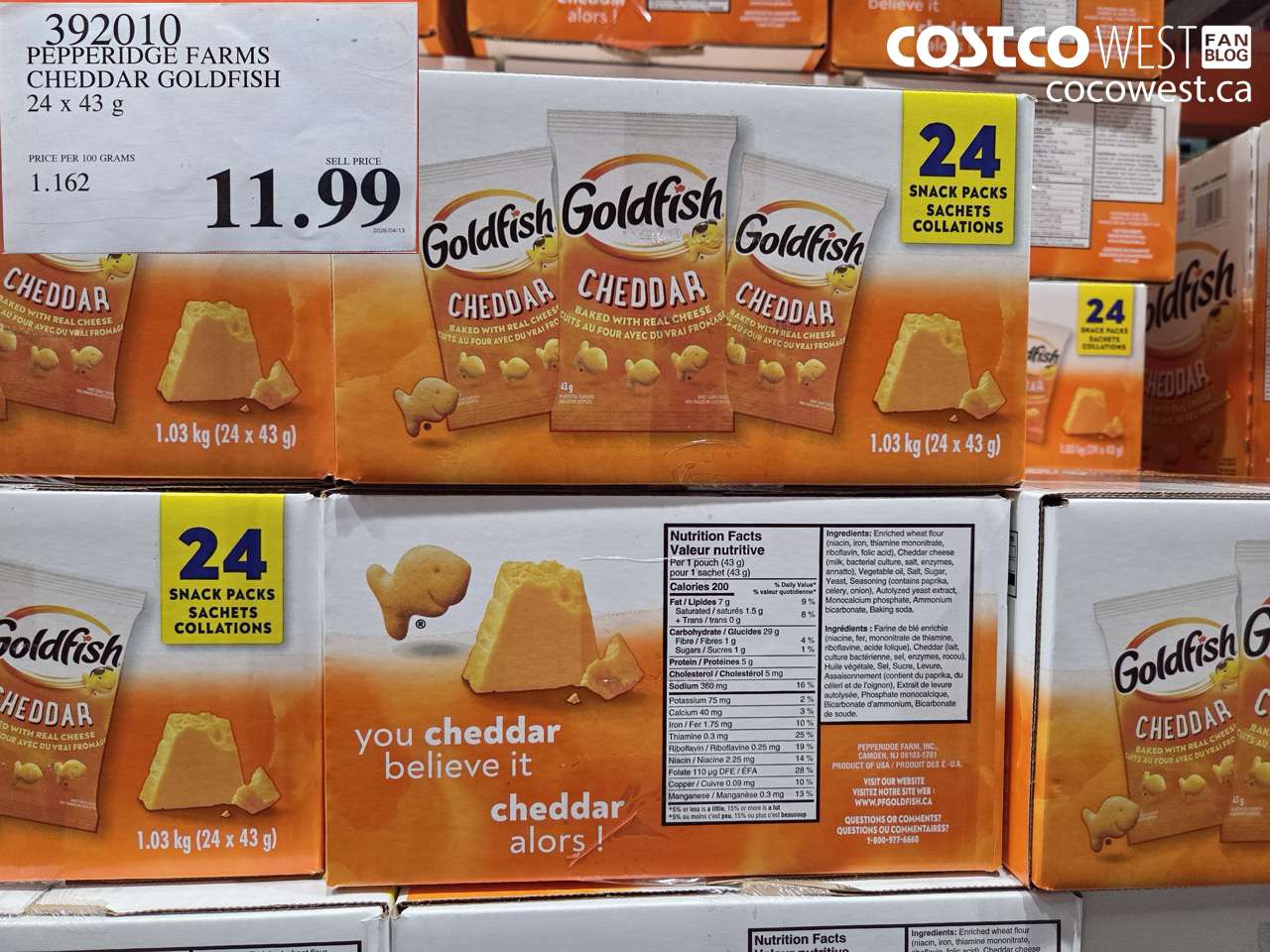 392010 PEPPERIDGE FARMS CHEDDAR GOLDFISH 24 X 43 G $11.99