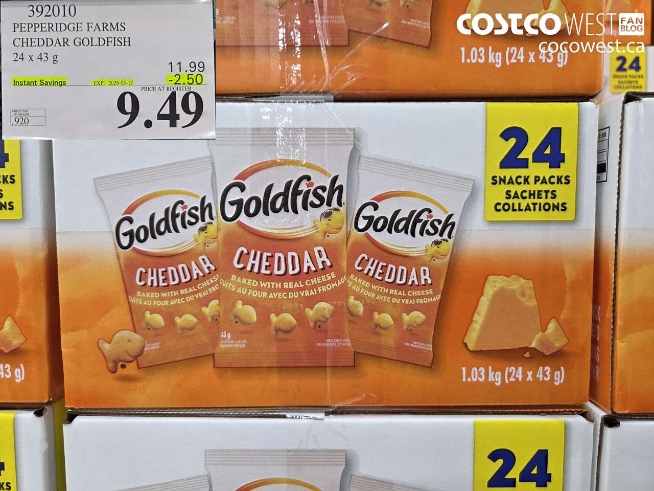 392010 PEPPERIDGE FARMS CHEDDAR GOLDFISH 24 X 43 G ($2.50 INSTANT SAVINGS EXPIRES ON 2026-05-17) $9.49