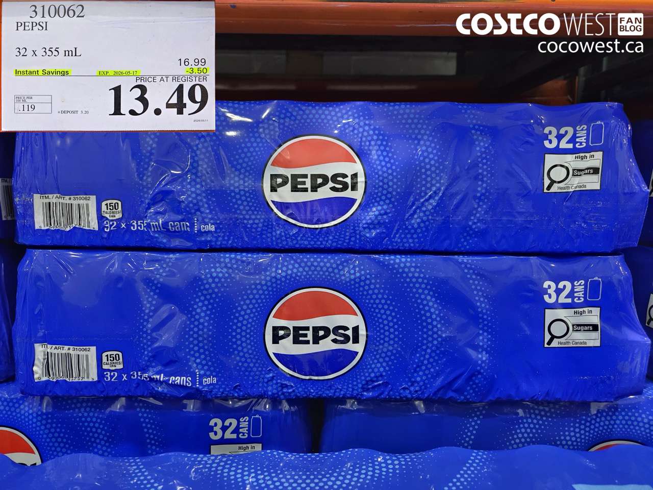 310062 PEPSI 32 X 355 ML ($3.50 INSTANT SAVINGS EXPIRES ON 2026-05-17) $13.49