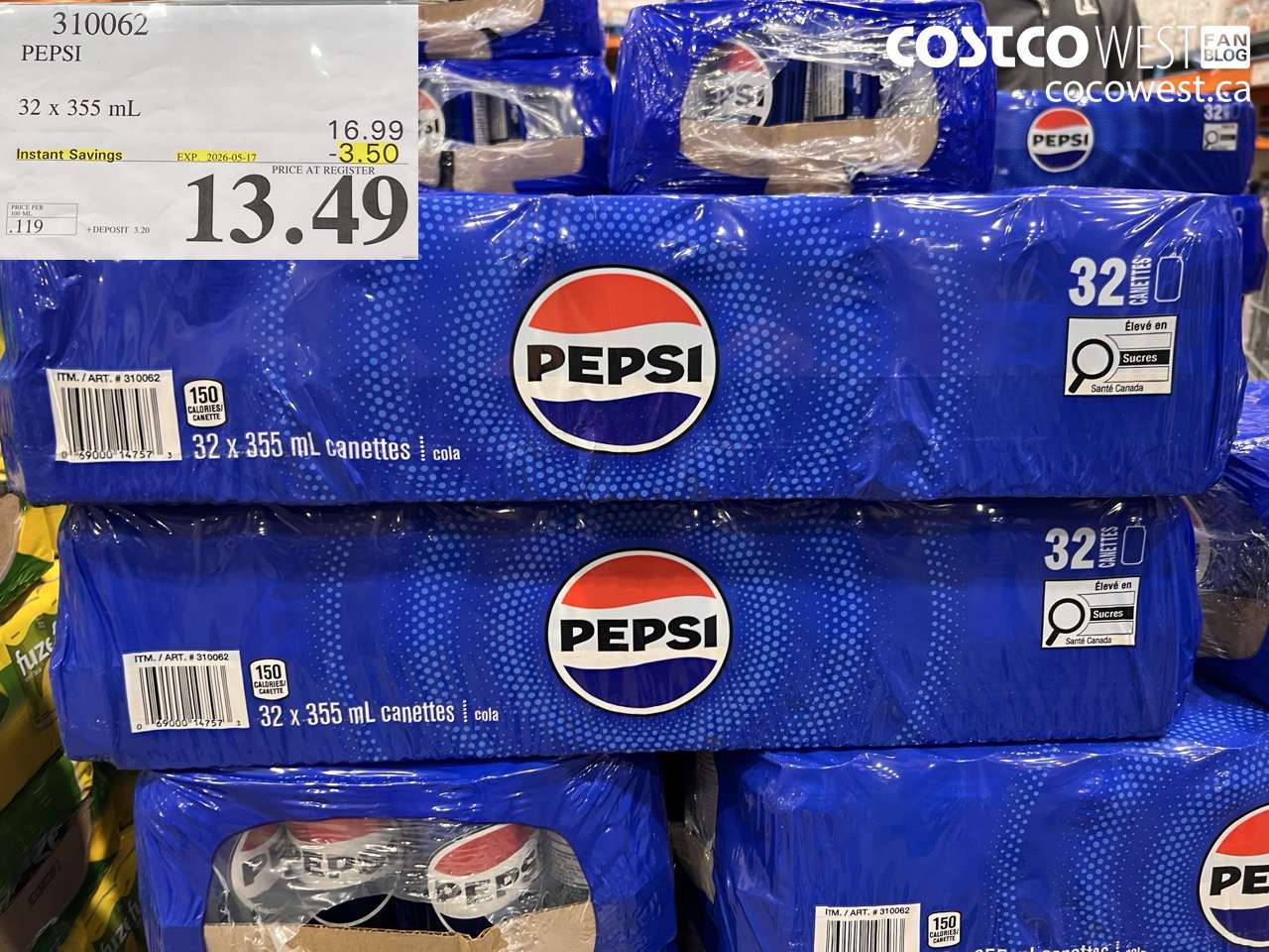 310062 PEPSI 32 X 355 ML ($3.50 INSTANT SAVINGS EXPIRES ON 2026-05-17) $13.49