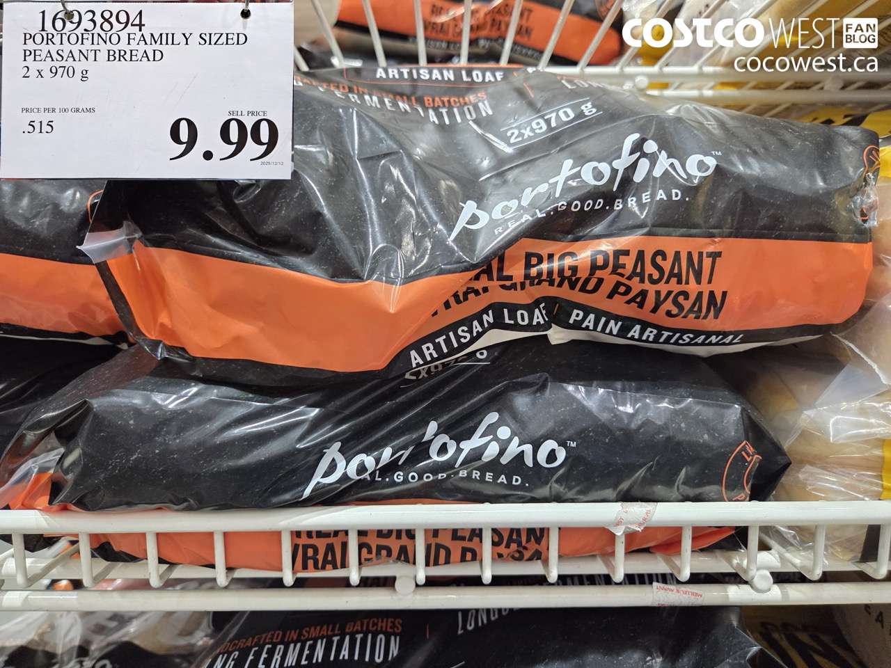 1693894 PORTOFINO FAMILY SIZED PEASANT BREAD 2 X 970 G $9.99