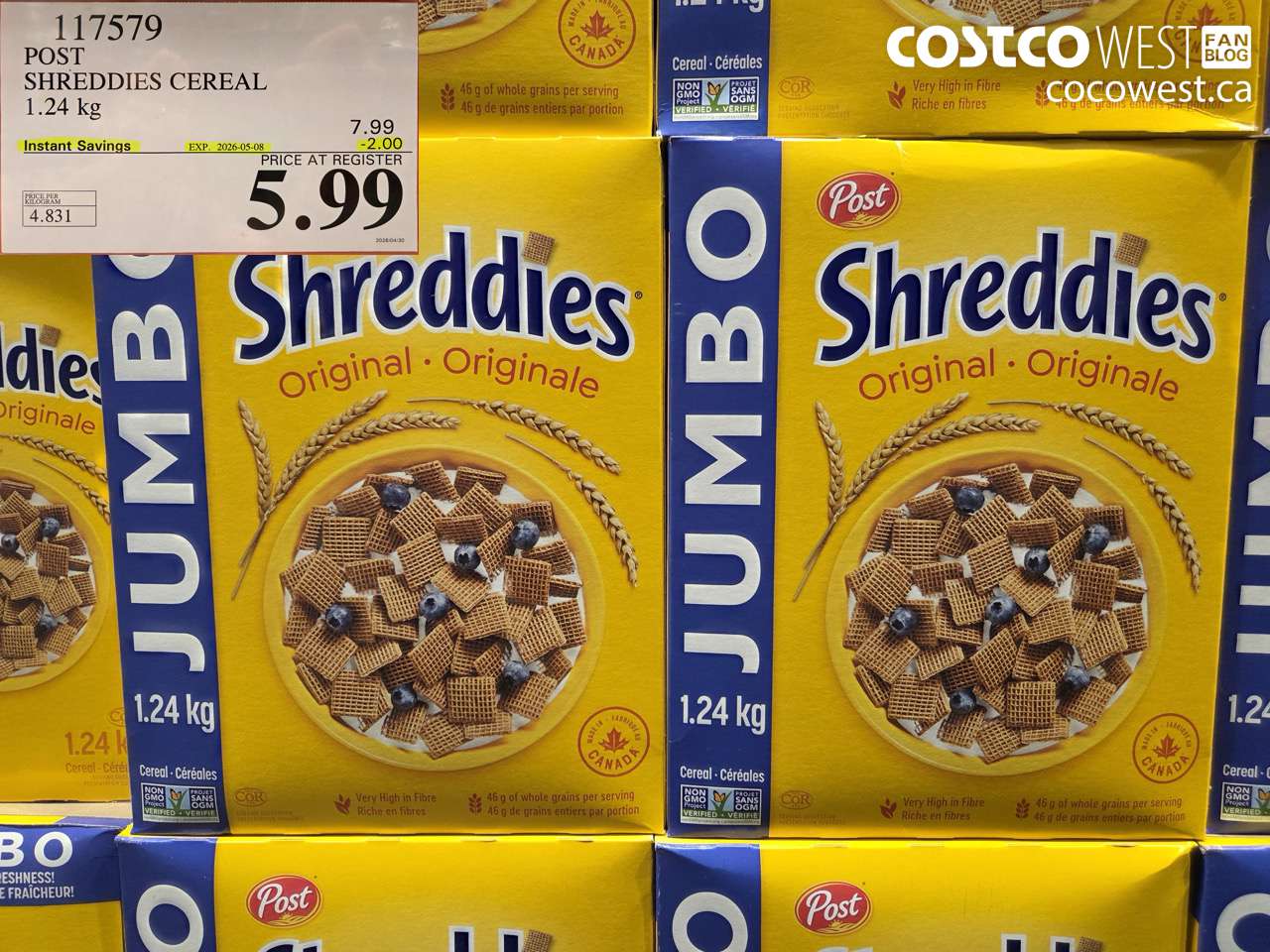 117579 POST SHREDDIES CEREAL 1.24 KG ($2.00 INSTANT SAVINGS EXPIRES ON 2026-05-08) $5.99