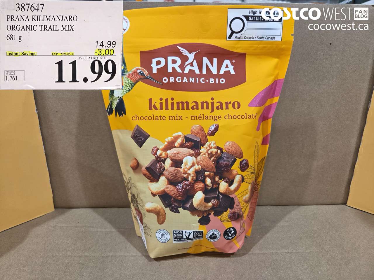 387647 PRANA KILIMANJARO ORGANIC TRAIL MIX 681 G ($3.00 INSTANT SAVINGS EXPIRES ON 2026-05-31) $11.99