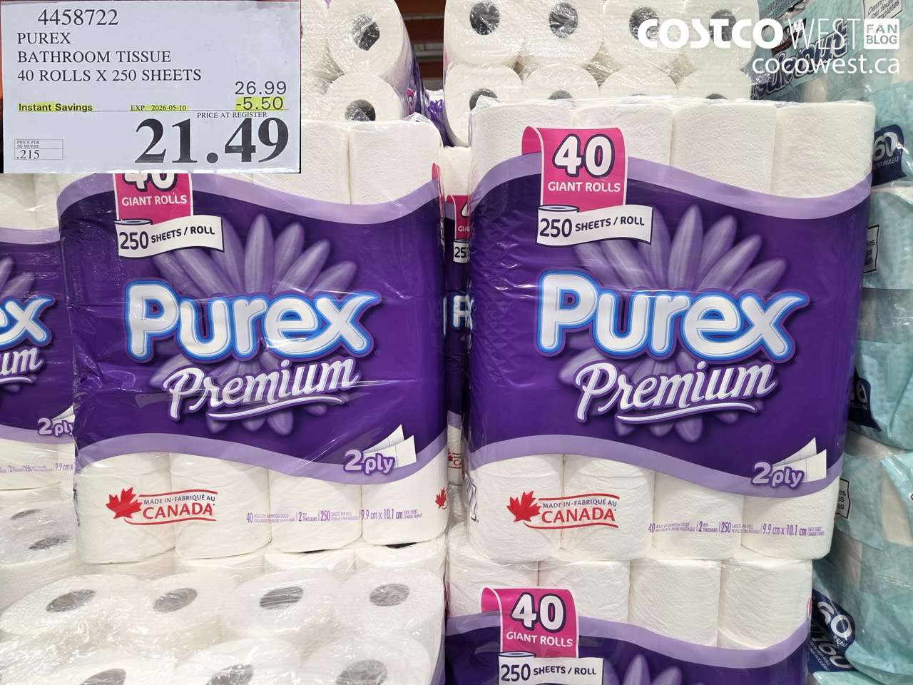 4458722 PUREX BATHROOM TISSUE 40 ROLLS X 250 SHEETS ($5.50 INSTANT SAVINGS EXPIRES ON 2026-05-10) $21.49