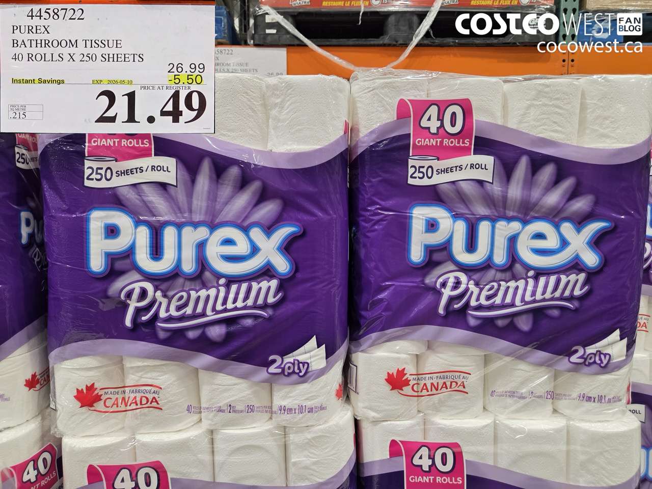 4458722 PUREX BATHROOM TISSUE 40 ROLLS X 250 SHEETS ($5.50 INSTANT SAVINGS EXPIRES ON 2026-05-10) $21.49