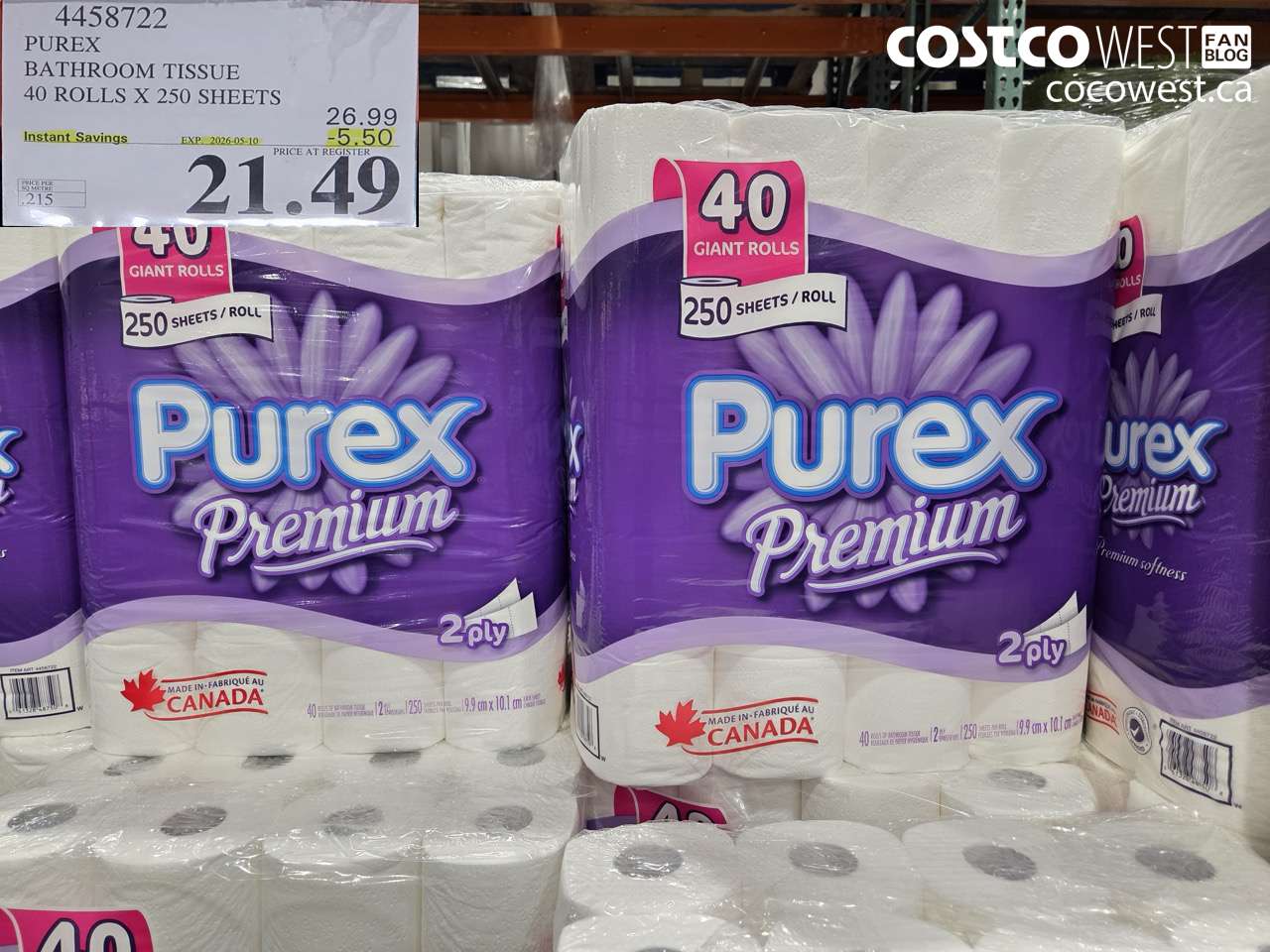 4458722 PUREX BATHROOM TISSUE 40 ROLLS X 250 SHEETS ($5.50 INSTANT SAVINGS EXPIRES ON 2026-05-10) $21.49