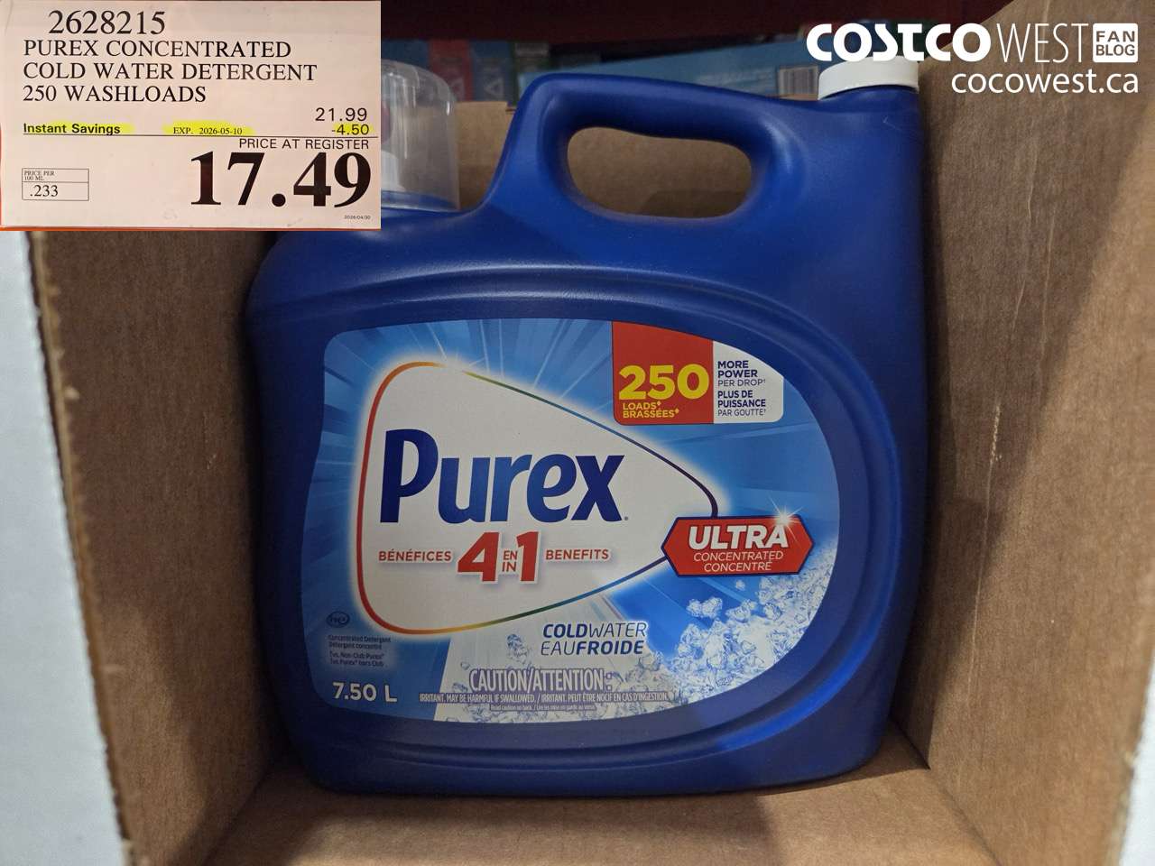 2628215 PUREX CONCENTRATED COLD WATER DETERGENT 250 WASHLOADS ($4.50 INSTANT SAVINGS EXPIRES ON 2026-05-10) $17.49