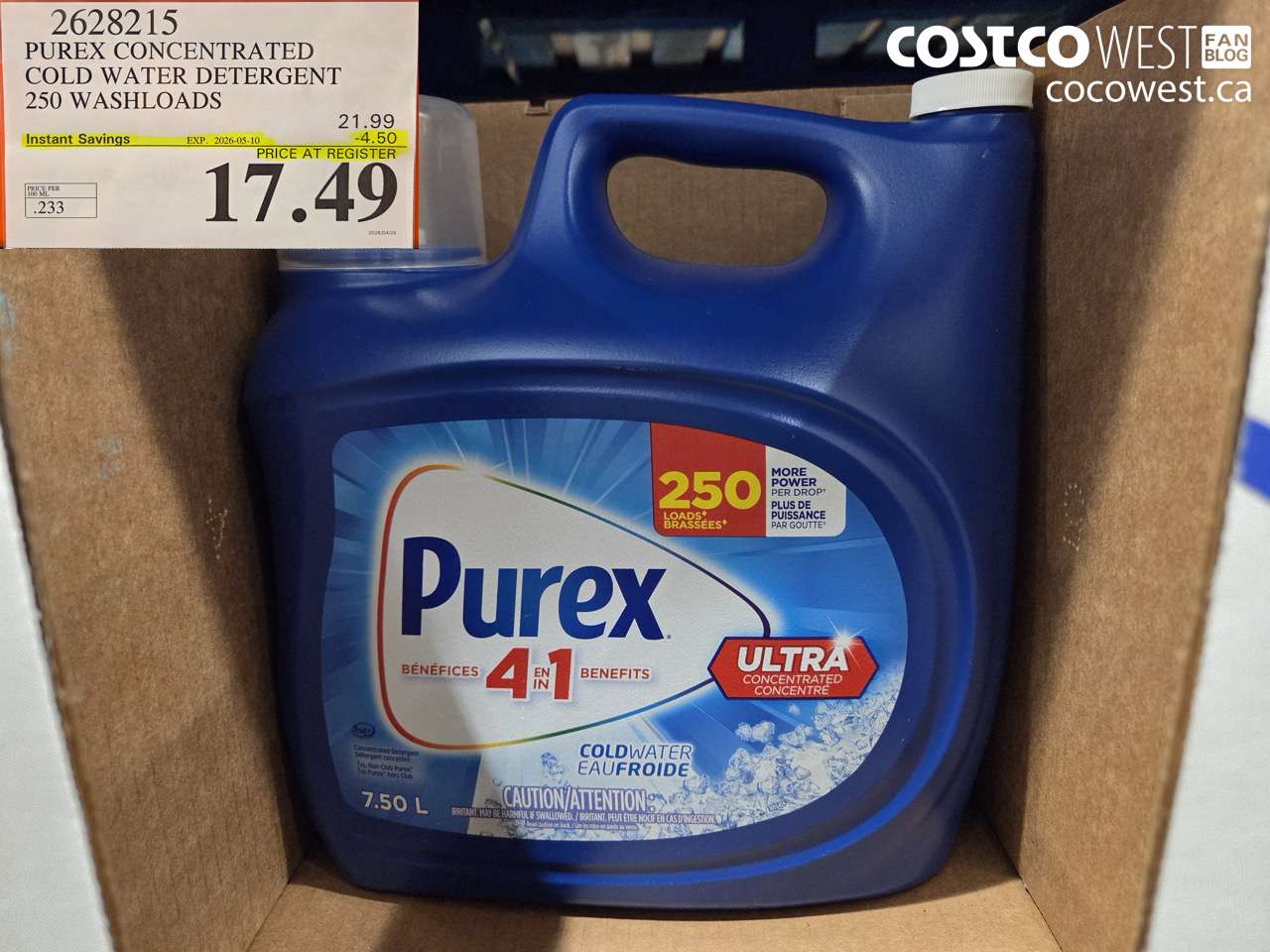 2628215 PUREX CONCENTRATED COLD WATER DETERGENT 250 WASHLOADS ($4.50 INSTANT SAVINGS EXPIRES ON 2026-05-10) $17.49