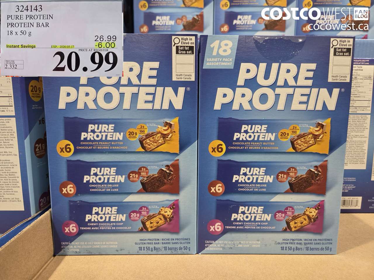 324143 PURE PROTEIN PROTEIN BAR 18 X 50 G ($6.00 INSTANT SAVINGS EXPIRES ON 2026-05-17) $20.99