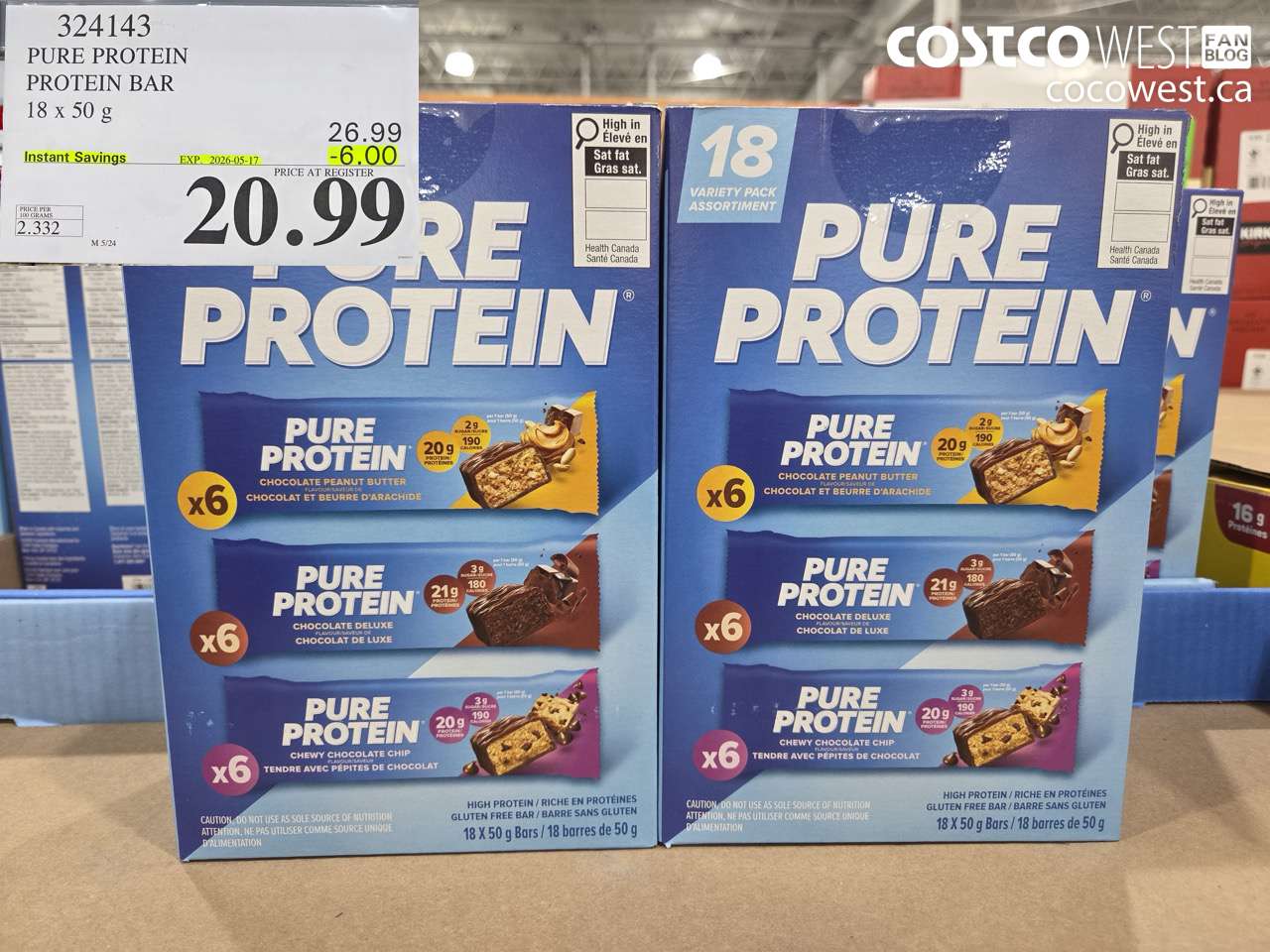 324143 PURE PROTEIN PROTEIN BAR 18 X 50 G ($6.00 INSTANT SAVINGS EXPIRES ON 2026-05-17) $20.99