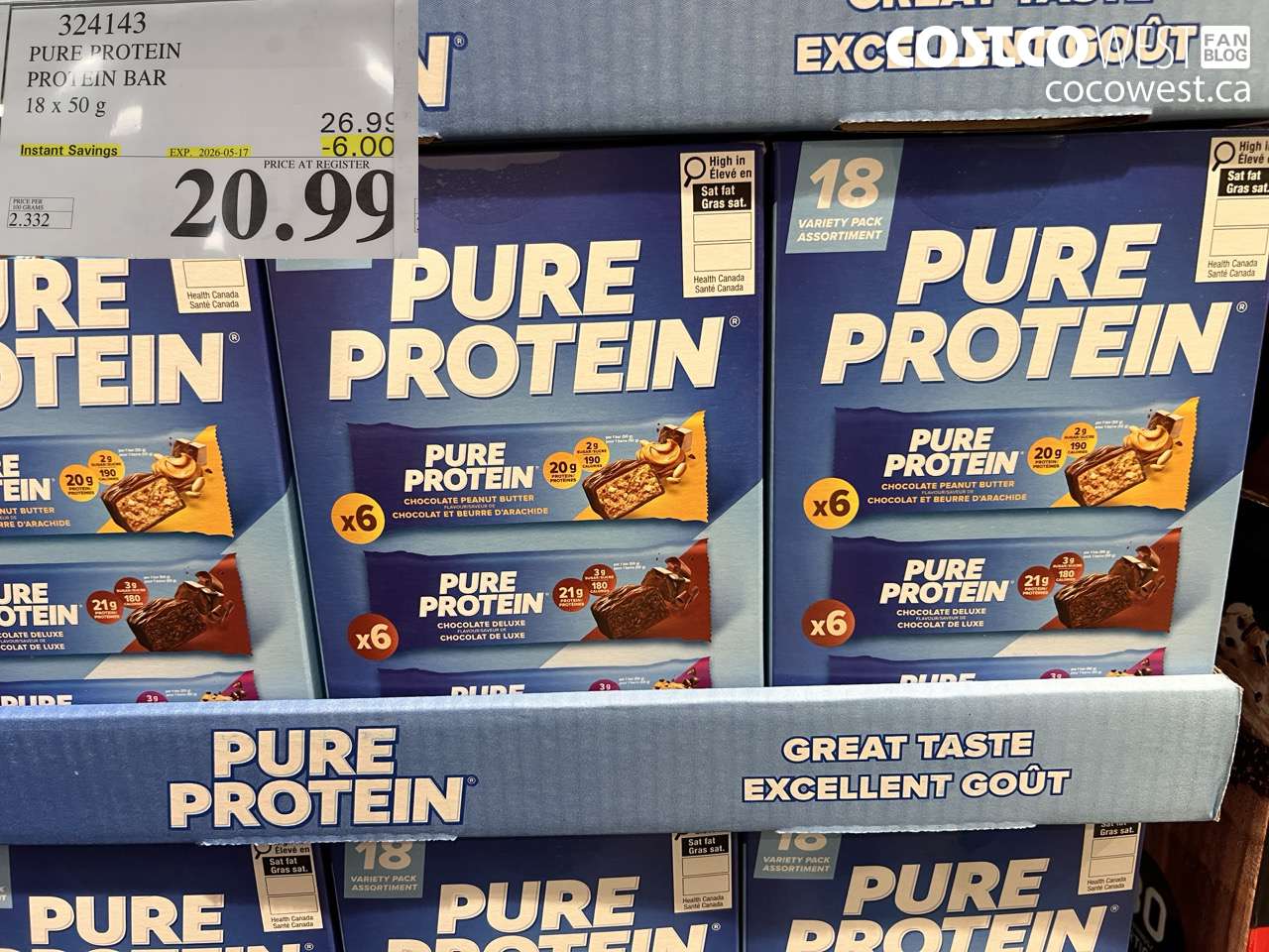 324143 PURE PROTEIN PROTEIN BAR 18 X 50 G ($6.00 INSTANT SAVINGS EXPIRES ON 2026-05-17) $20.99