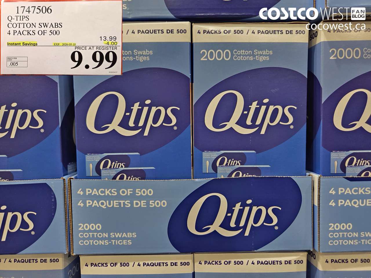 1747506 Q-TIPS COTTON SWABS 4 PACKS OF 500 ($4.00 INSTANT SAVINGS EXPIRES ON 2026-05-10) $9.99