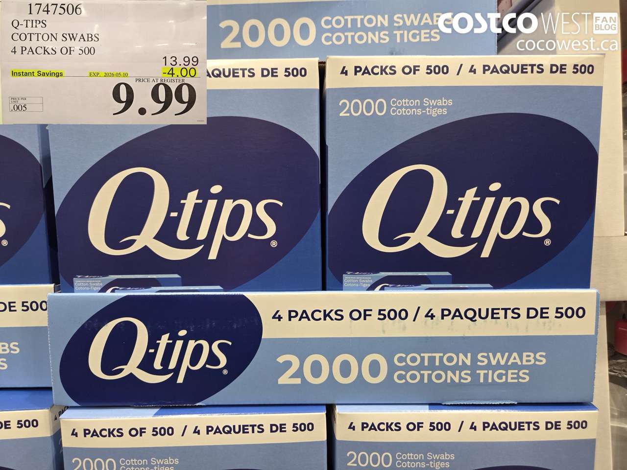 1747506 Q-TIPS COTTON SWABS 4 PACKS OF 500 ($4.00 INSTANT SAVINGS EXPIRES ON 2026-05-10) $9.99