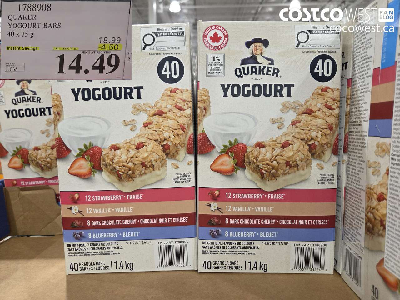 1788908 QUAKER YOGOURT BARS 40 X 35 G ($4.50 INSTANT SAVINGS EXPIRES ON 2026-05-10) $14.49