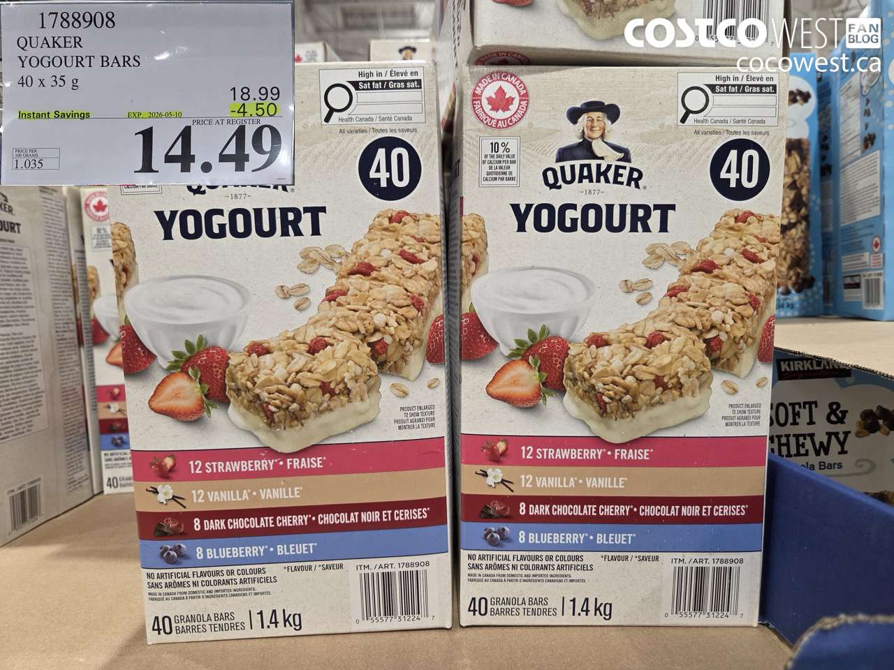 1788908 QUAKER YOGOURT BARS 40 X 35 G ($4.50 INSTANT SAVINGS EXPIRES ON 2026-05-10) $14.49