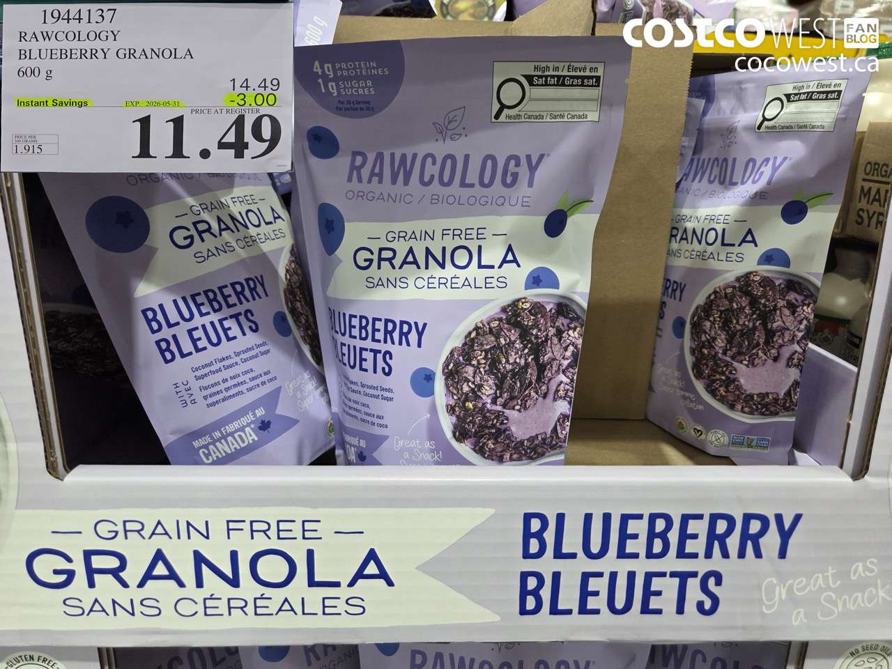 1944137 RAWCOLOGY BLUEBERRY GRANOLA 600 G ($3.00 INSTANT SAVINGS EXPIRES ON 2026-05-31) $11.49