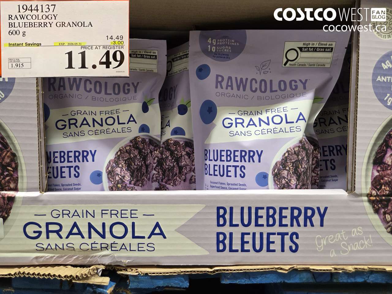 1944137 RAWCOLOGY BLUEBERRY GRANOLA 600 G ($3.00 INSTANT SAVINGS EXPIRES ON 2026-05-31) $11.49