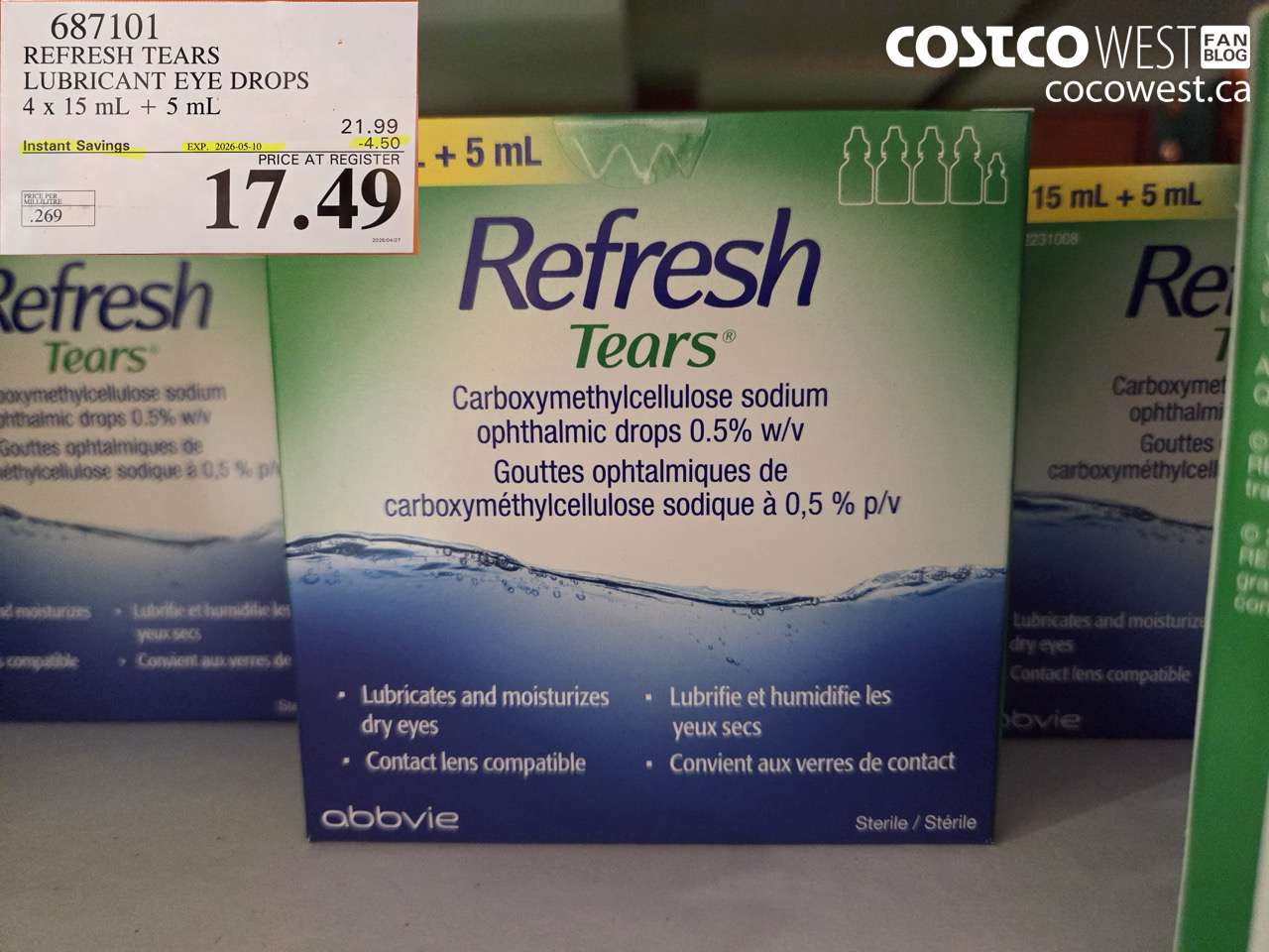 687101 REFRESH TEARS LUBRICANT EYE DROPS 4 X 15 ML + 5 ML ($4.50 INSTANT SAVINGS EXPIRES ON 2026-05-10) $17.49