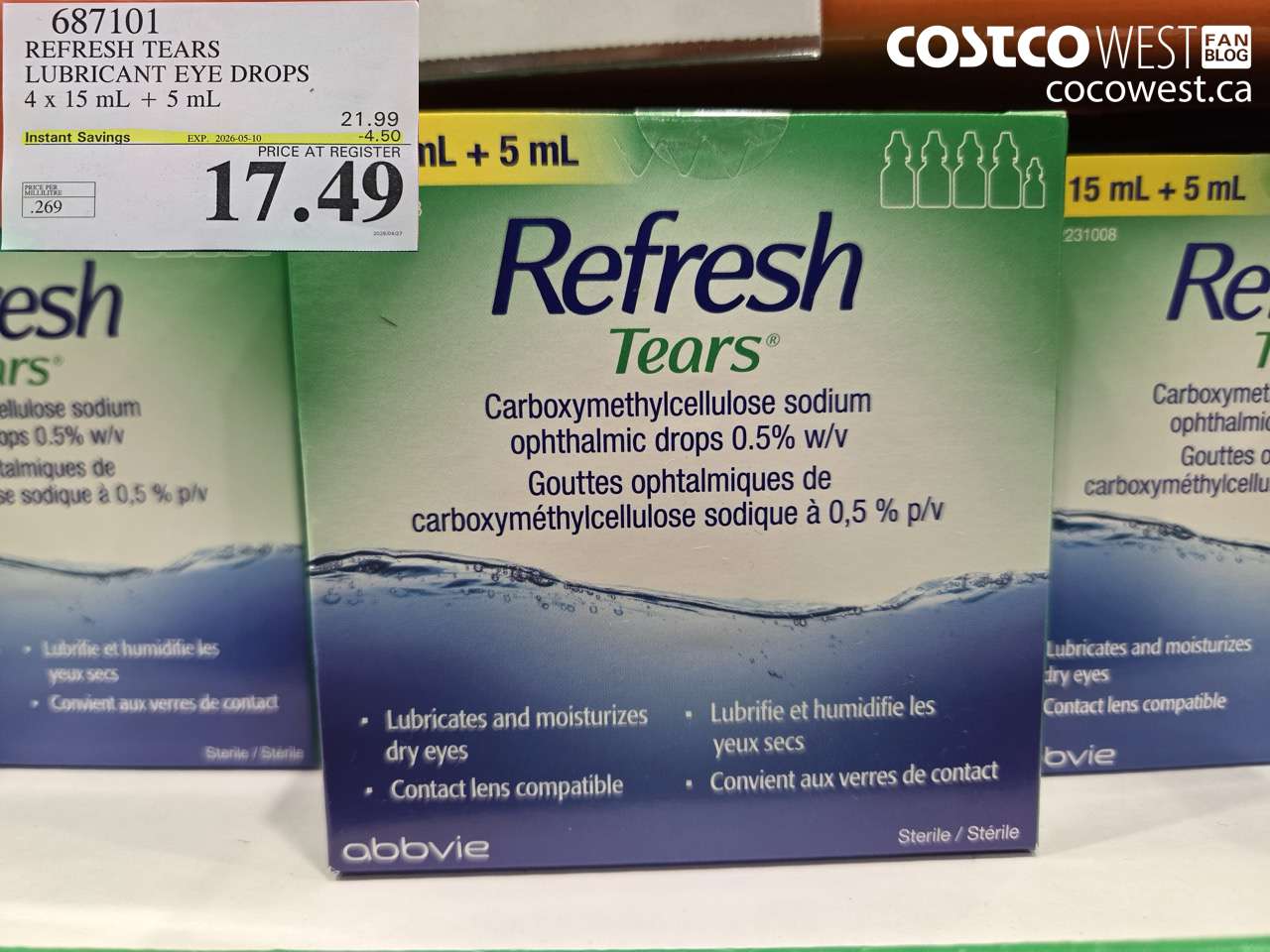 687101 REFRESH TEARS LUBRICANT EYE DROPS 4 X 15 ML + 5 ML ($4.50 INSTANT SAVINGS EXPIRES ON 2026-05-10) $17.49