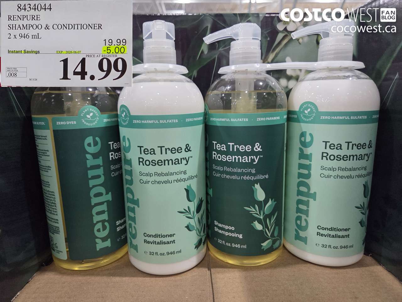 8434044 RENPURE SHAMPOO & CONDITIONER 2 X 946 ML ($5.00 INSTANT SAVINGS EXPIRES ON 2026-06-07) $14.99