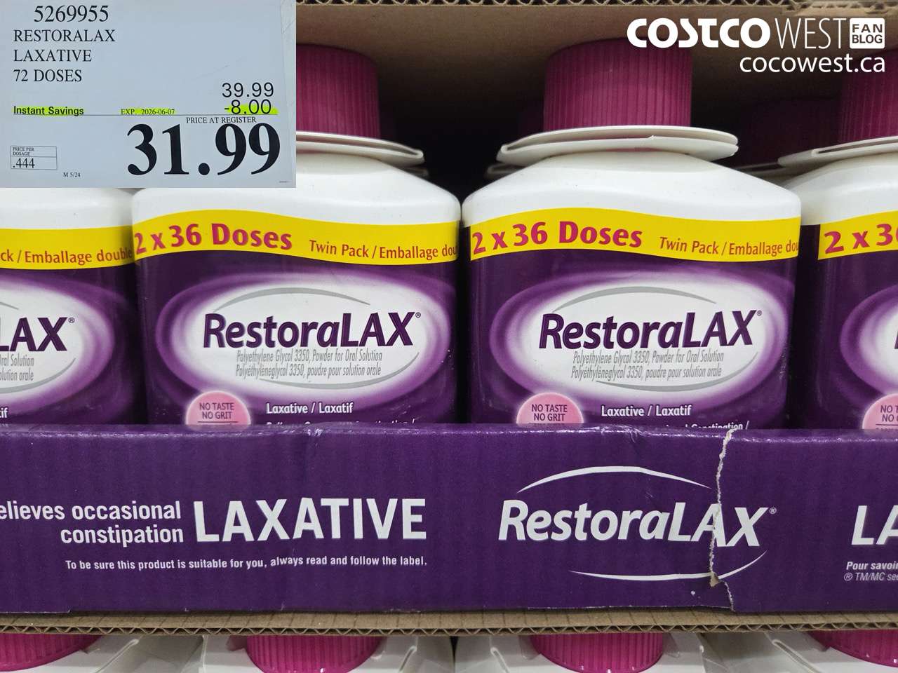 5269955 RESTORALAX LAXATIVE 72 DOSES ($8.00 INSTANT SAVINGS EXPIRES ON 2026-06-07) $31.99