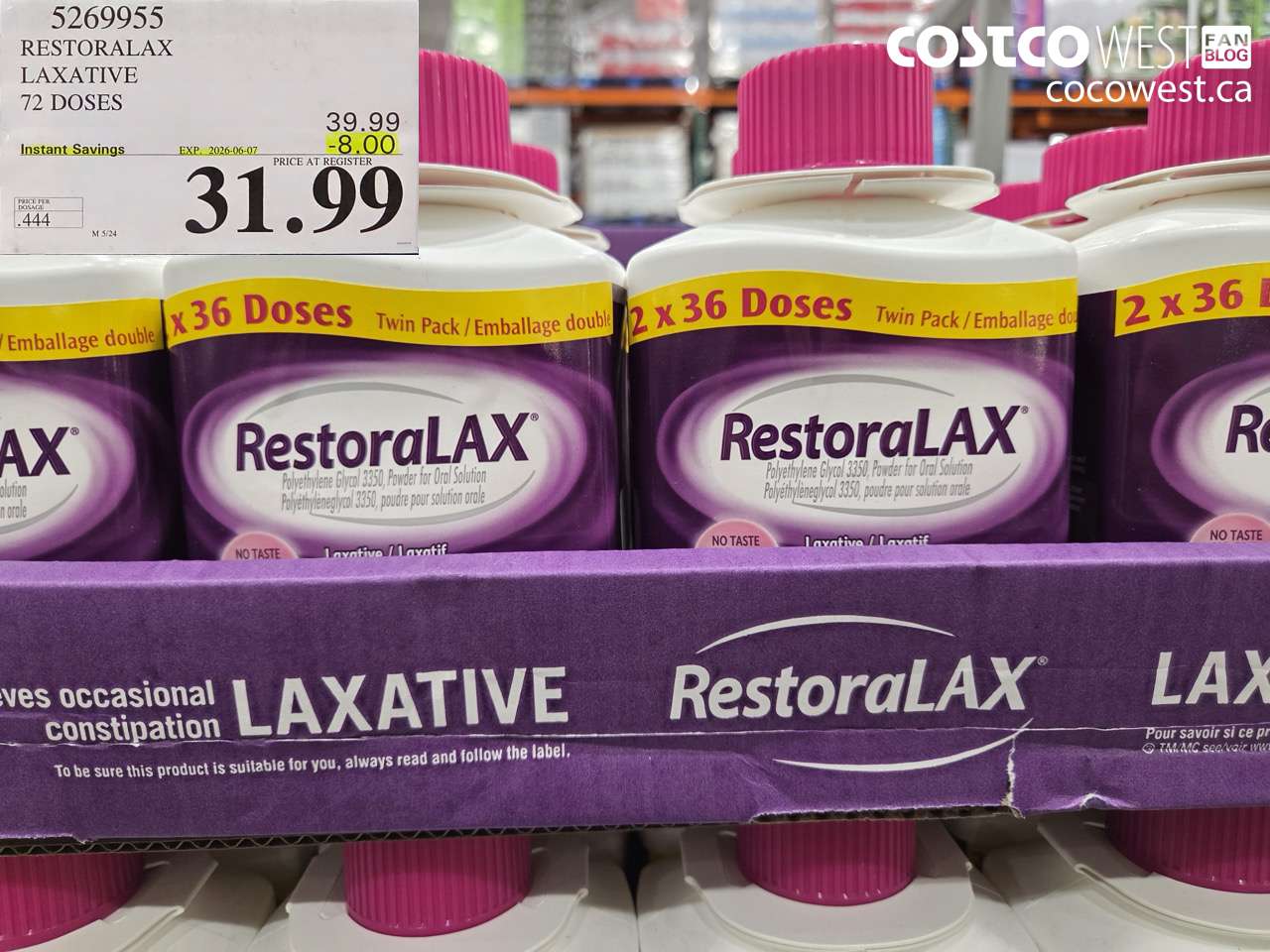 5269955 RESTORALAX LAXATIVE 72 DOSES ($8.00 INSTANT SAVINGS EXPIRES ON 2026-06-07) $31.99
