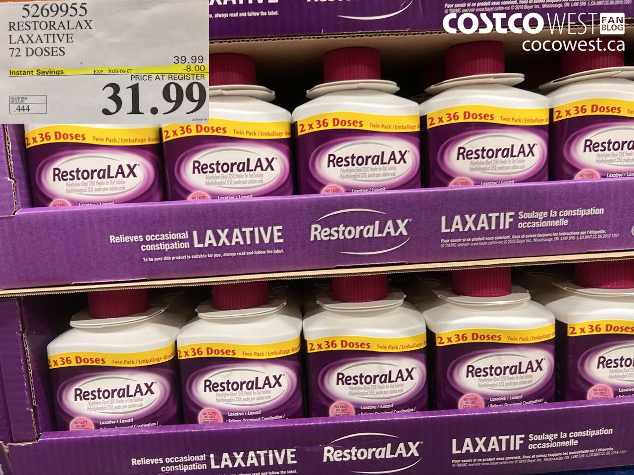 5269955 RESTORALAX LAXATIVE 72 DOSES ($8.00 INSTANT SAVINGS EXPIRES ON 2026-06-07) $31.99
