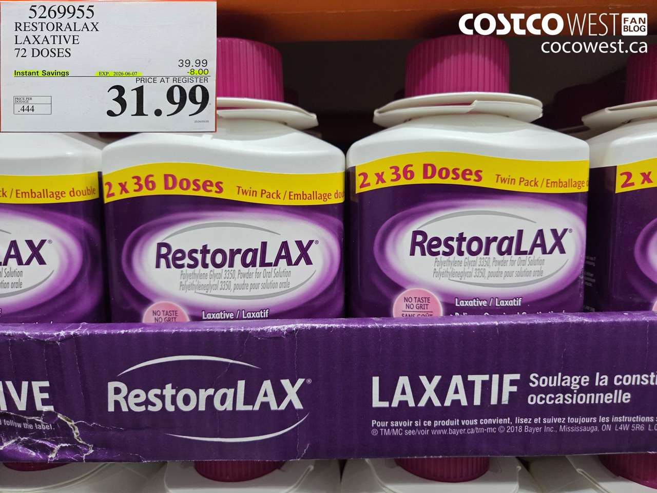 5269955 RESTORALAX LAXATIVE 72 DOSES ($8.00 INSTANT SAVINGS EXPIRES ON 2026-06-07) $31.99