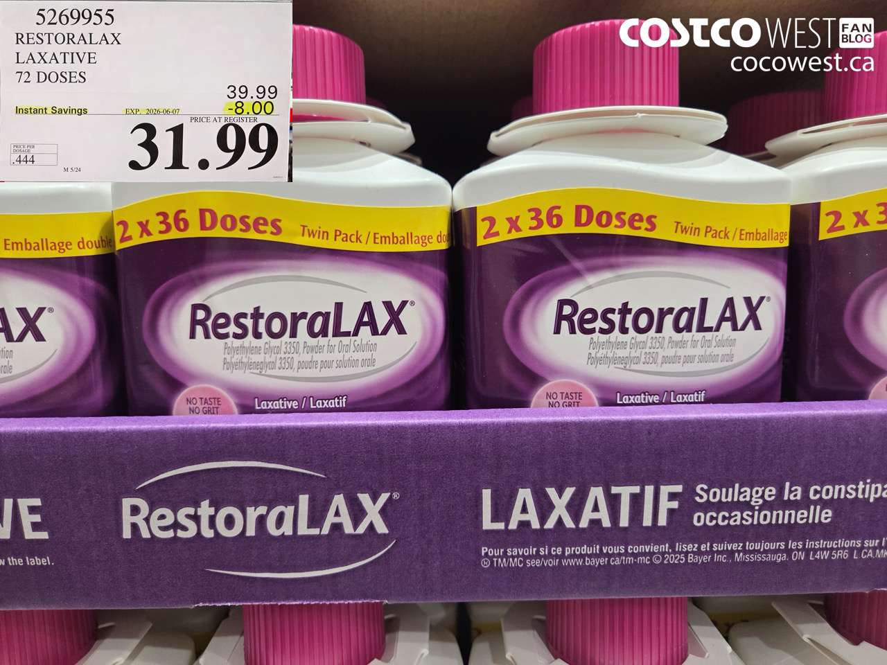 5269955 RESTORALAX LAXATIVE 72 DOSES ($8.00 INSTANT SAVINGS EXPIRES ON 2026-06-07) $31.99