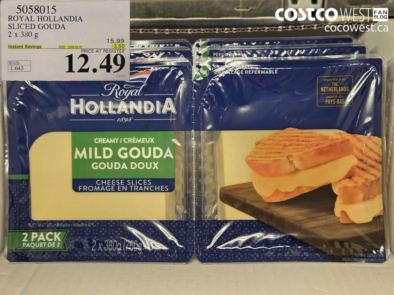 5058015 ROYAL HOLLANDIA SLICED GOUDA 2 x 380 g ($3.50 INSTANT SAVINGS EXPIRES ON 2026-05-03) $12.49