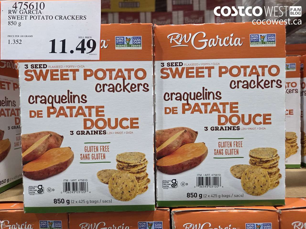 475610 RW GARCIA SWEET POTATO CRACKERS 850 G $11.49