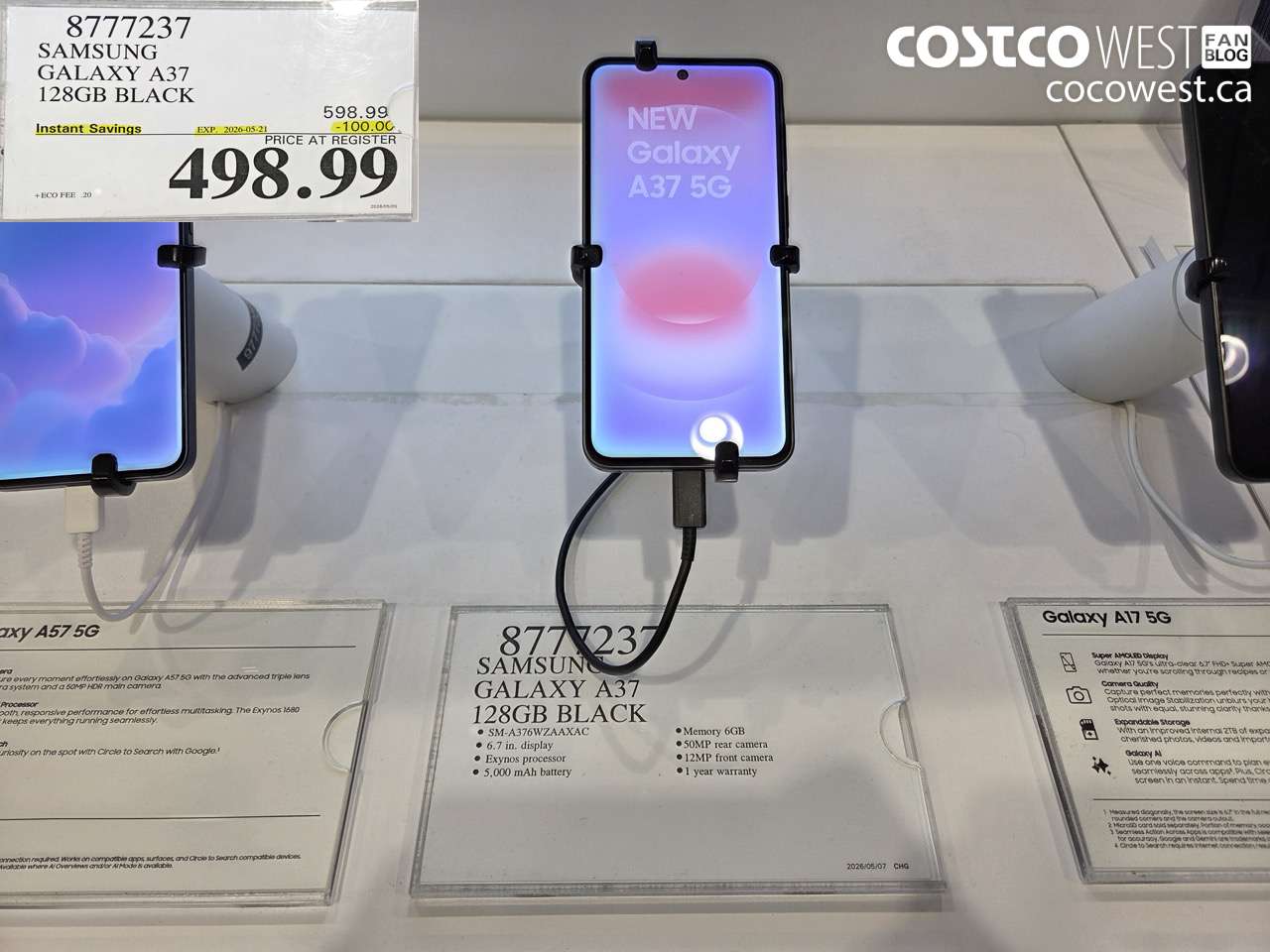 8777237 SAMSUNG GALAXY A37 128GB BLACK ($100.00 INSTANT SAVINGS EXPIRES ON 2026-05-21) $498.99