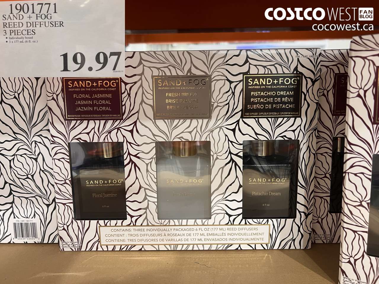 1901771 SAND + FOG REED DIFFUSER 3 PIECES $19.97