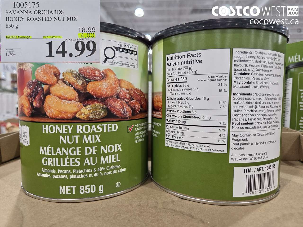 1005175 SAVANNA ORCHARDS HONEY ROASTED NUT MIX 850 G ($4.00 INSTANT SAVINGS EXPIRES ON 2026-05-31) $14.99