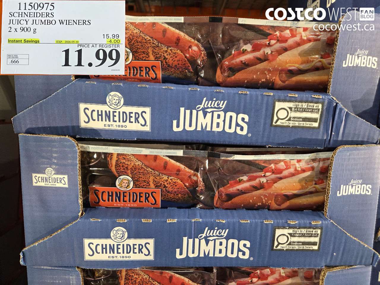 1150975 SCHNEIDERS JUICY JUMBO WIENERS 2 X 900 G ($4.00 INSTANT SAVINGS EXPIRES ON 2026-05-10) $11.99