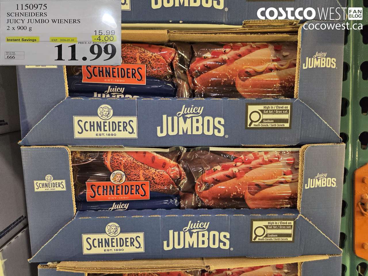 1150975 SCHNEIDERS JUICY JUMBO WIENERS 2 x 900 g ($4.00 INSTANT SAVINGS EXPIRES ON 2026-05-10) $11.99