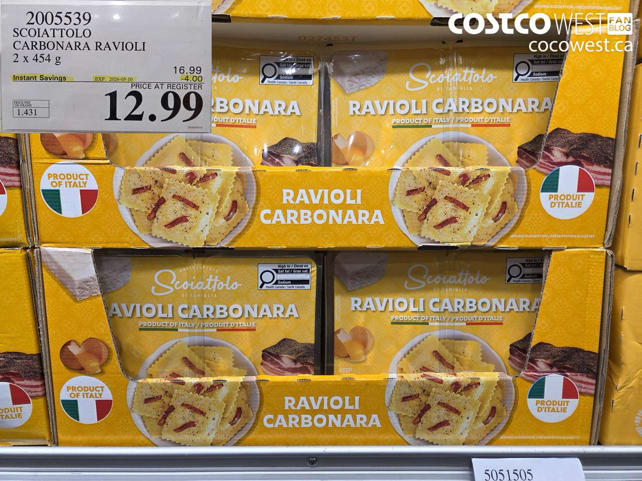 2005539 SCOIATTOLO CARBONARA RAVIOLI 2 X 454 G ($4.00 INSTANT SAVINGS EXPIRES ON 2026-05-10) $12.99